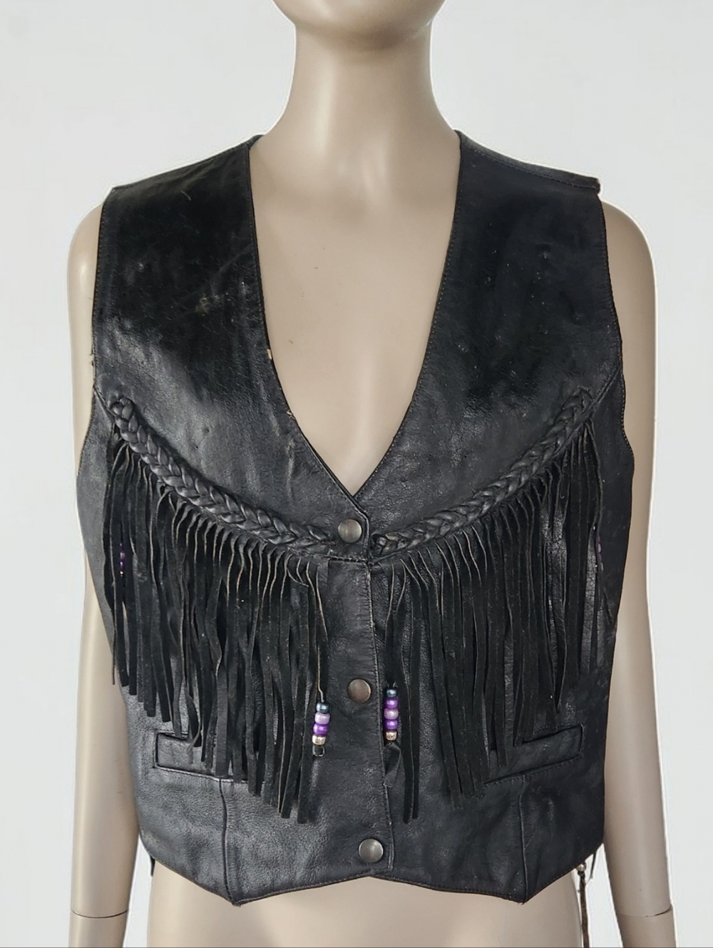 Vintage Mob Leather Fringe Biker Vest Womens M Black Concho Tie Sides See Photos